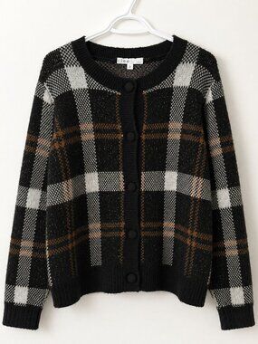 Cleo Plaid Button Front Cardigan Sweater Black Brown Cream Size Large